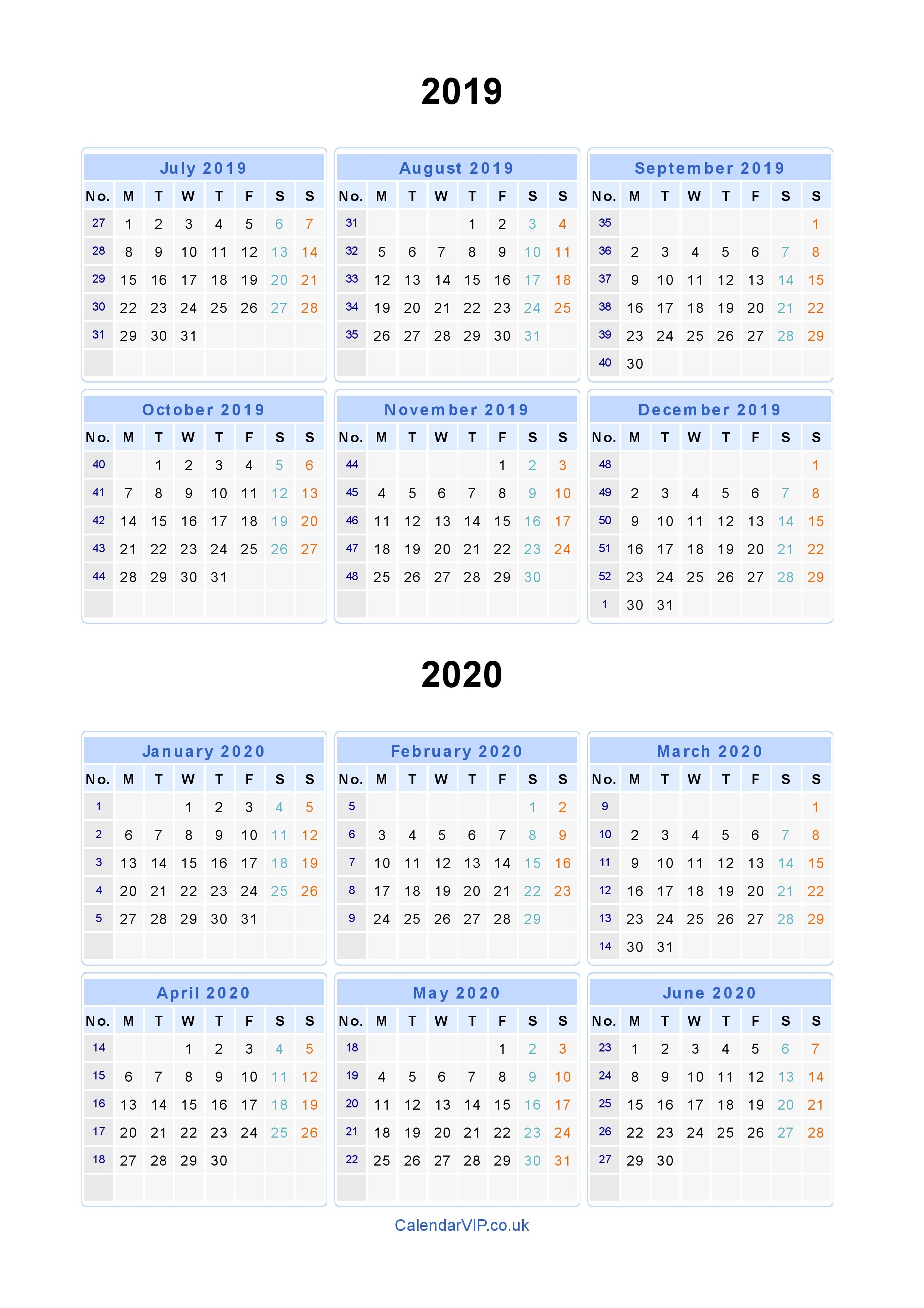 Split Year Calendars 2019 2020 - Calendar From July 2019 To-January 2020 Yearly Calendar