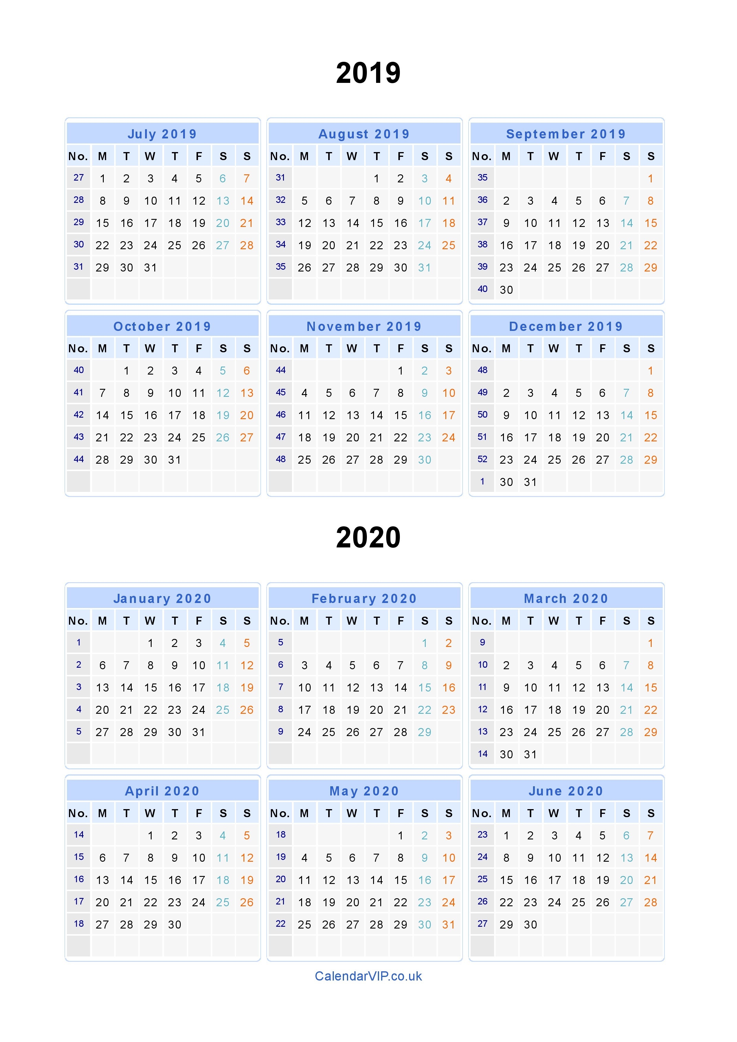 Split Year Calendars 2019 2020 - Calendar From July 2019 To-January To July 2020 Calendar