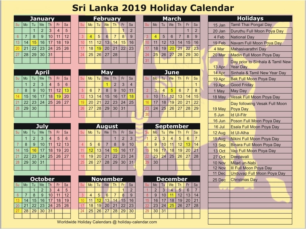 Sri Lanka 2019 / 2020 Holiday Calendar-January 2020 Calendar With Holidays Sri Lanka