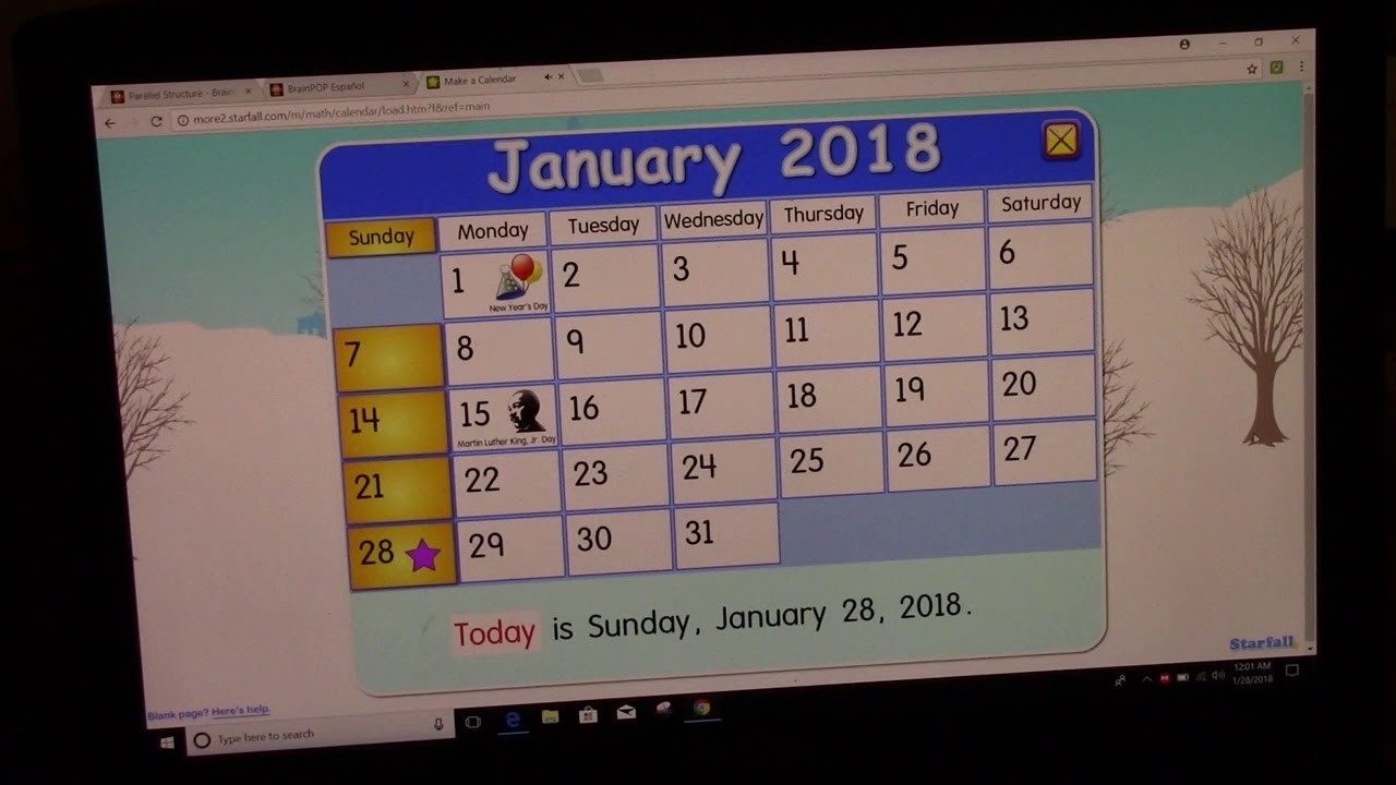 Starfall Calendar January 2018-Starfall Calendar January 2020