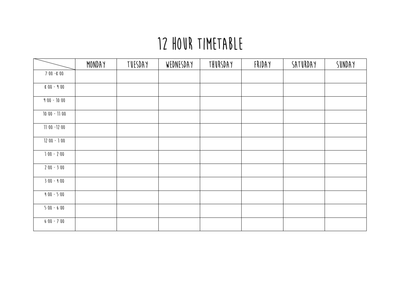 12 Hour Schedule Templates Calendar Template Printable