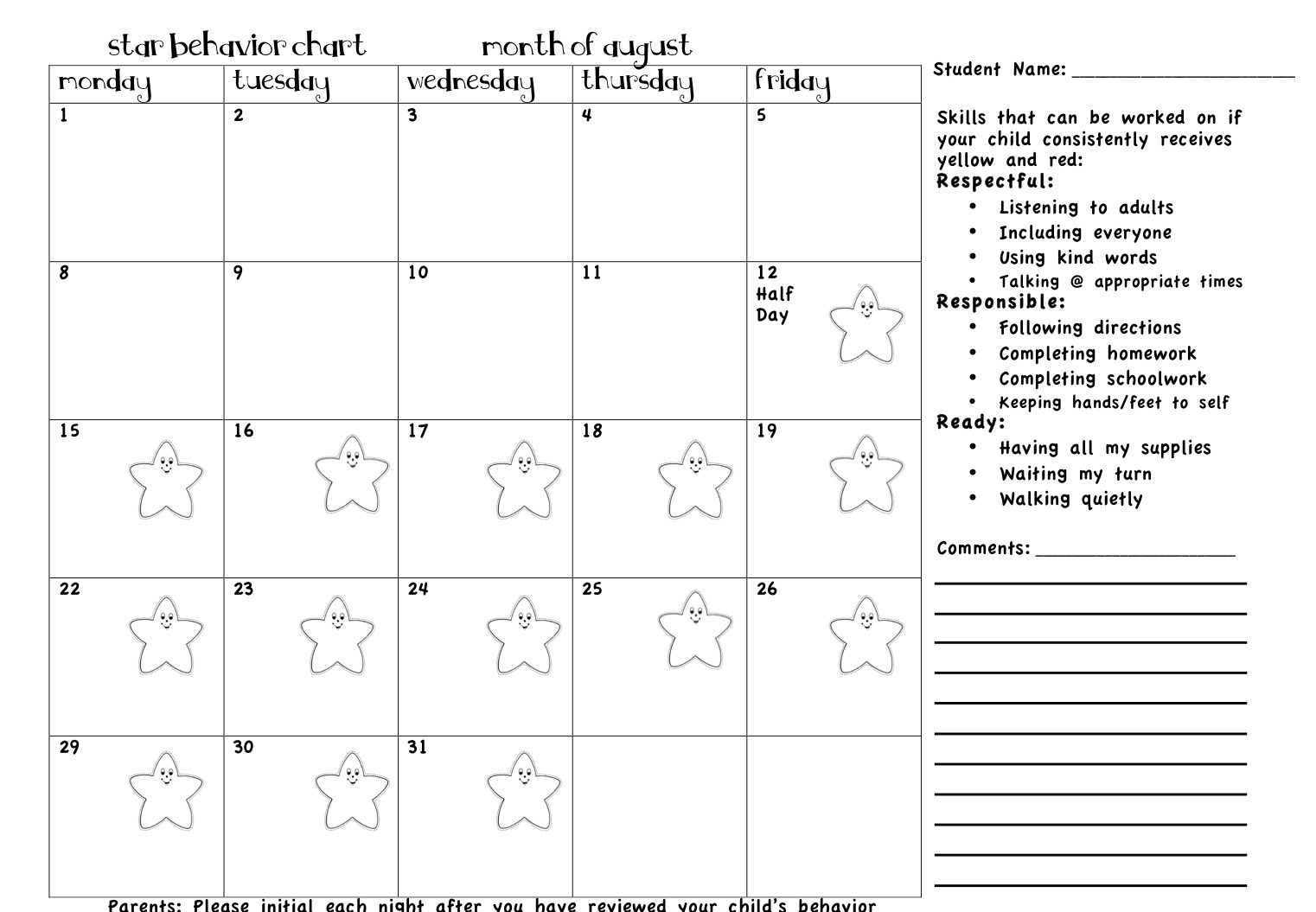 Editable Monthly Behavior Chart | Calendar Template Printable