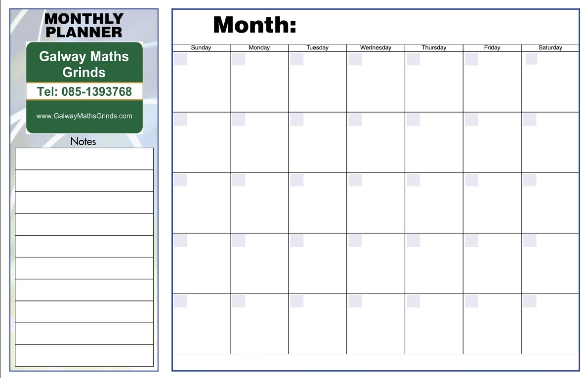 Time Table Templates | Galway Maths Grinds-Studying Monthly Calendar Template