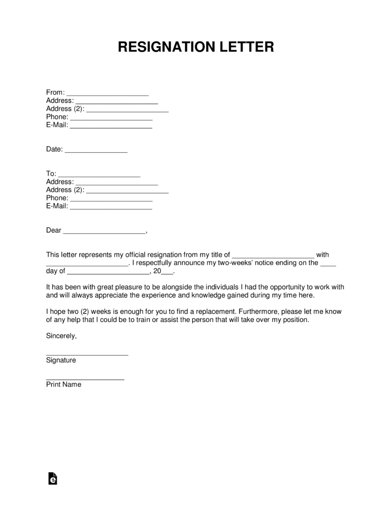 Two 2 Weeks Notice Resignation Letter Template With Samples-Template For 2 Weeks