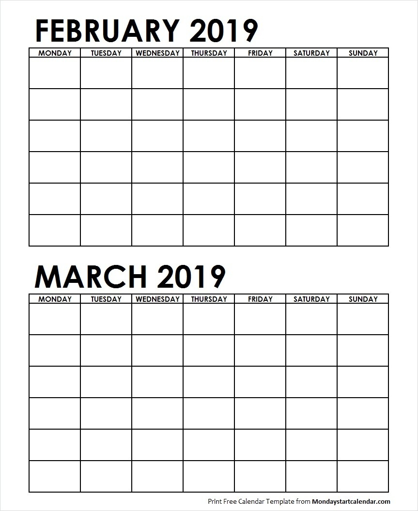 Two Month February March 2019 Calendar Blank Template-Blank 2 Month Calendar Template