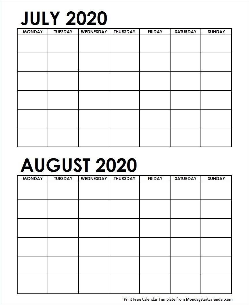 Two Month July August 2020 Calendar Blank | Two Months Template-Blank July And August Calendar 2020