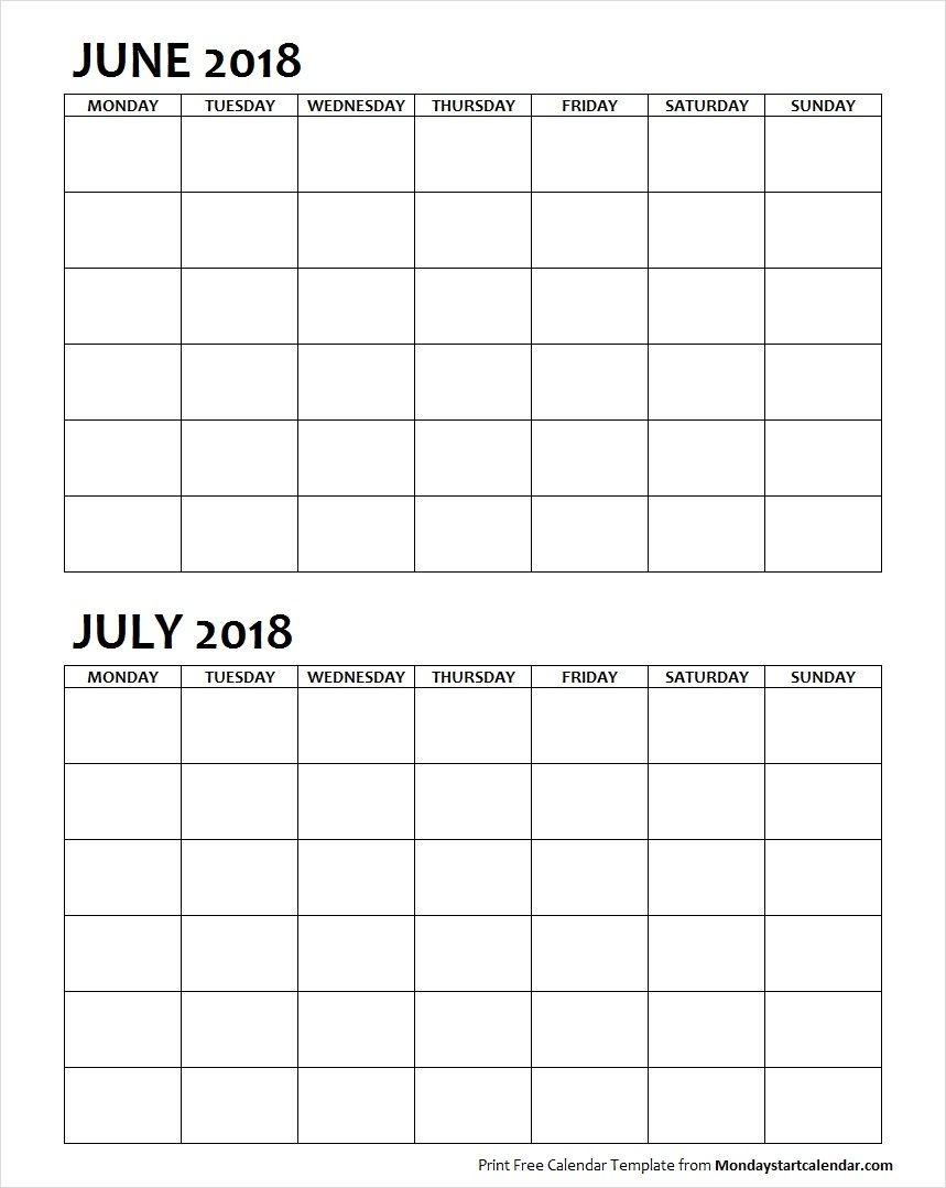 Two Month June July 2018 Calendar Blank | June 2018-Blank 2 Month Calendar Template