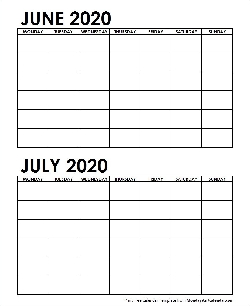 Two Month June July 2020 Calendar Blank | Two Months Template-Blank Calendar June-July 2020