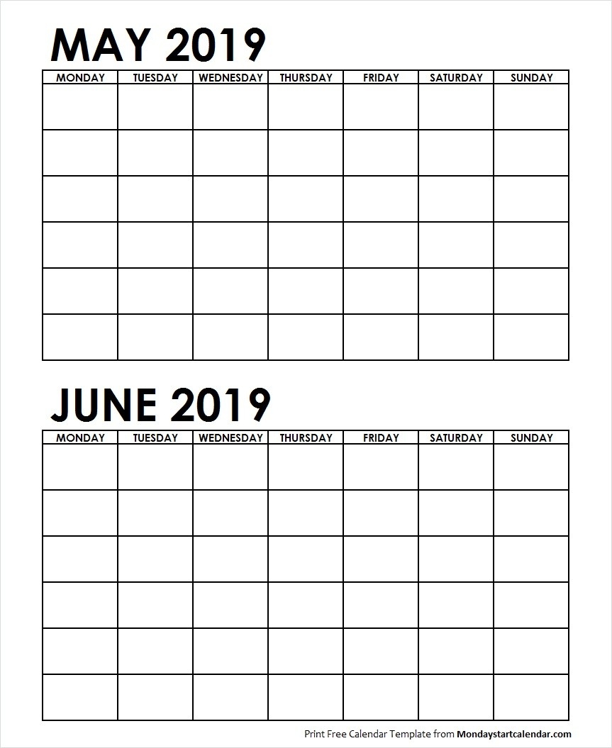 Two Month May June 2019 Calendar Blank | Two Months Template-Blank 2 Month Calendar Template