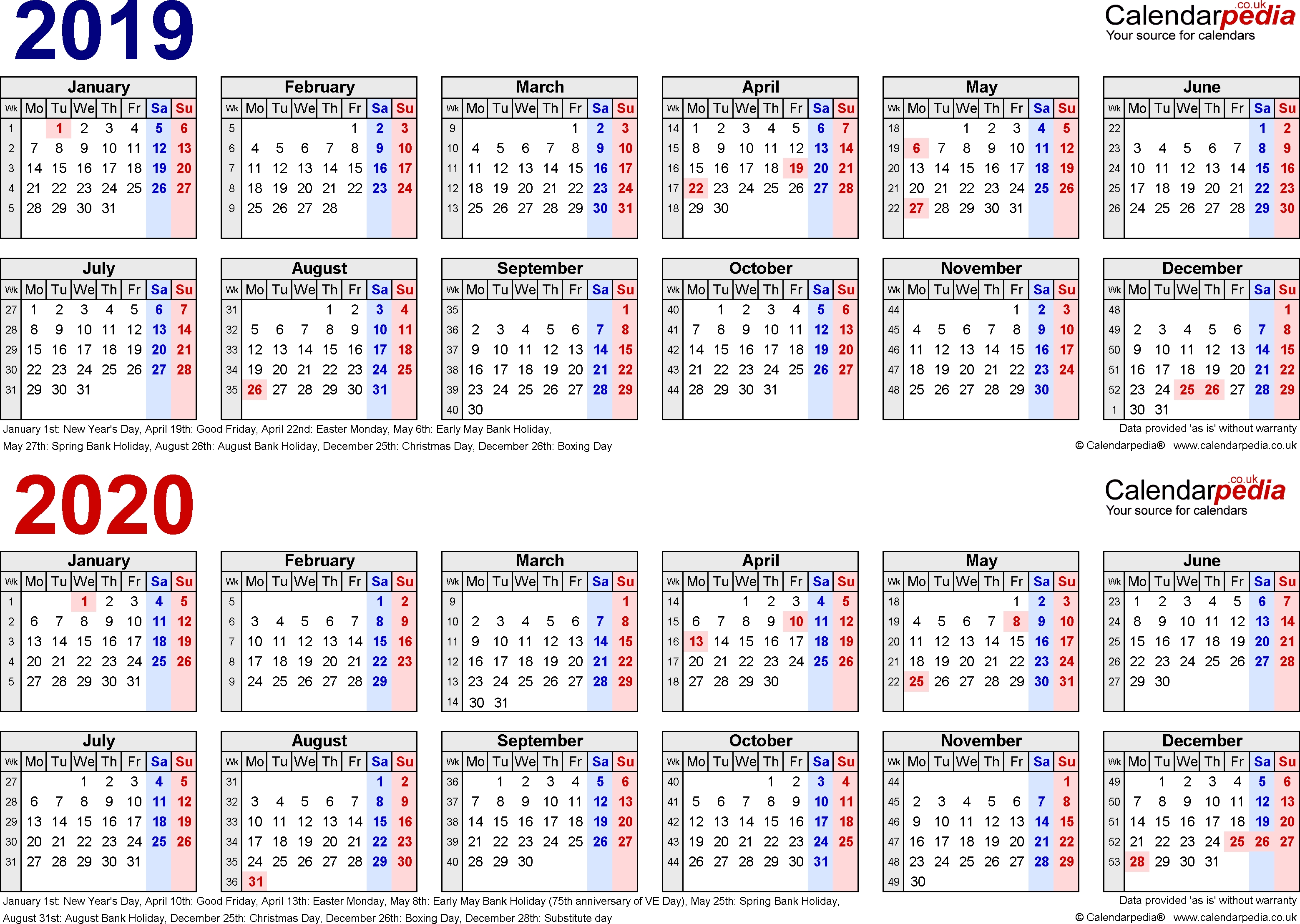 Two Year Calendars For 2019 &amp; 2020 (Uk) For Pdf-Europe Holidays 2020 Calendar