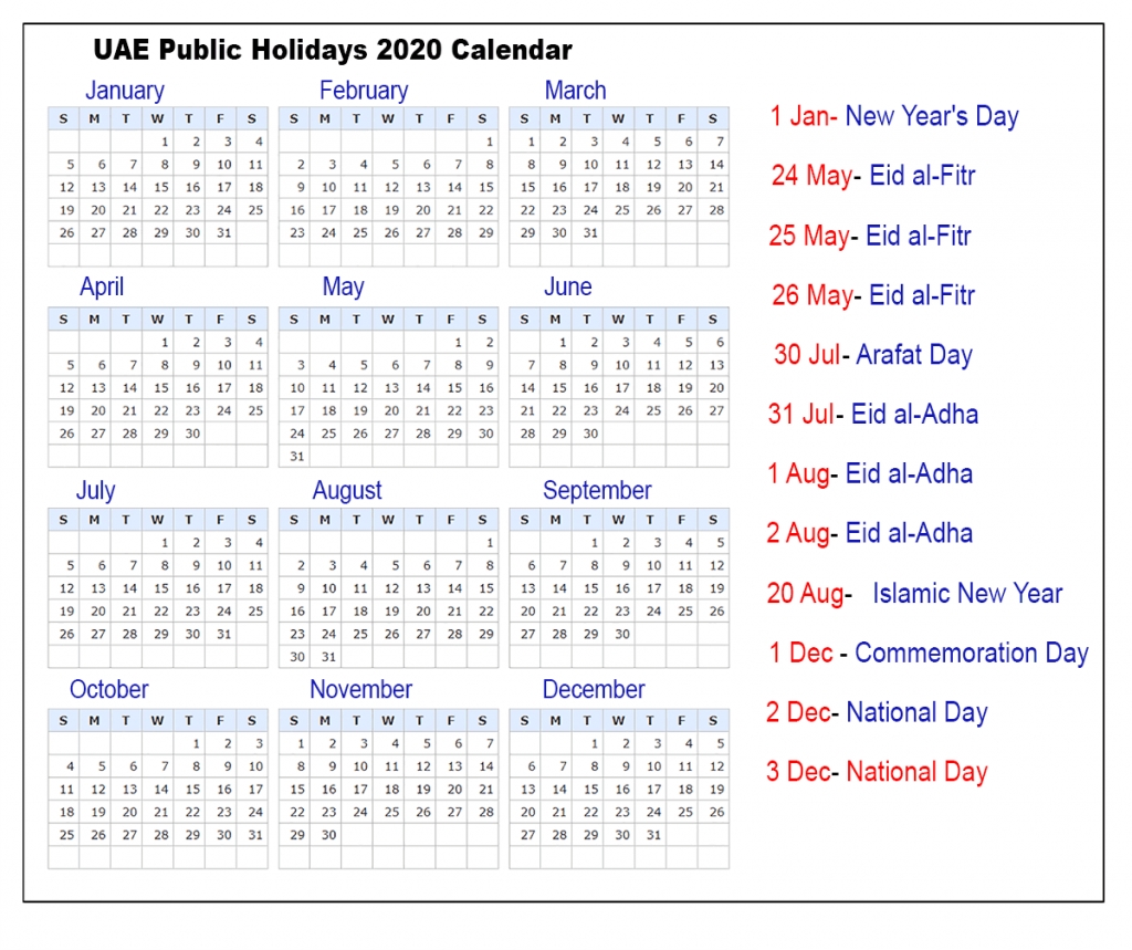 Uae Public Holidays 2020 Calendar | Uae Holidays 2020-Uae Holidays 2020 Calendar