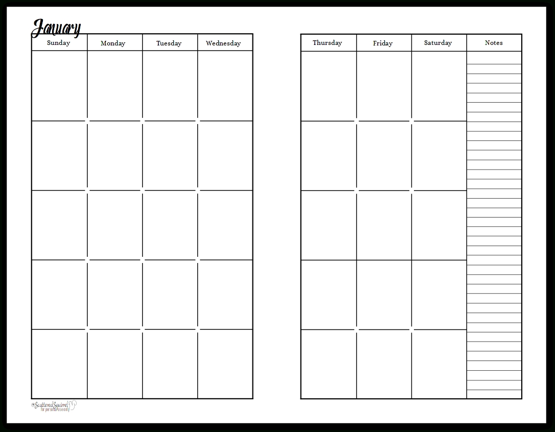 Undated Black And White Calendars Featuring Two Pages Per Month-2 Page Monthly Calendar Printable