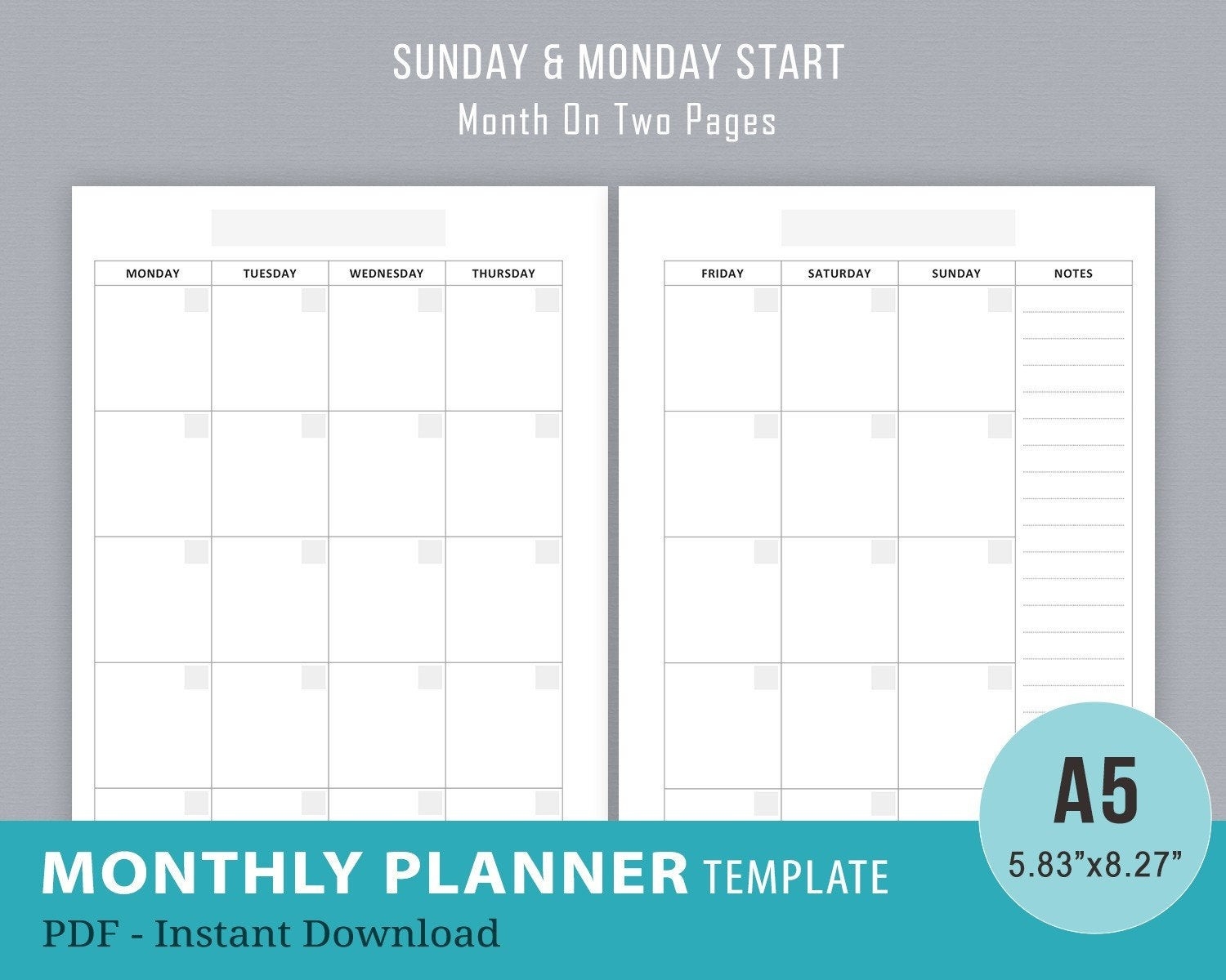 Undated Monthly Planner Inserts, Monthly 2 Page Spread Template, Filofax A5  Printable, Month On Two Pages Layout, Mo2P, Pdf Instant Download-2 Page Monthly Planner Template