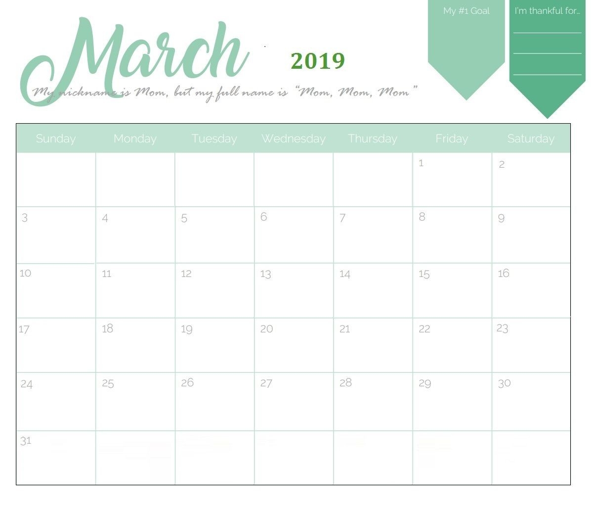 Unique March 2019 Calendar Template | Calendar 2018-Free Pretty Calendar Templates