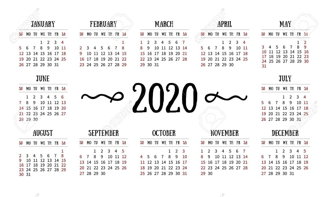 Vector Simple Calendar Grid For 2020 On White Background. Doodles..-W 9 Template 2020