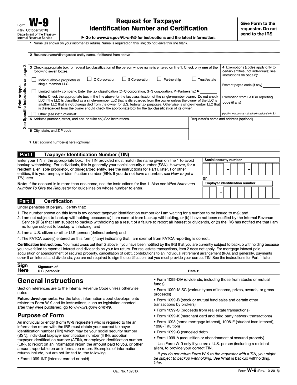 W-9 Form 2019 Printable - Irs W-9 Tax Blank In Pdf-2020 Blank W 9 Form