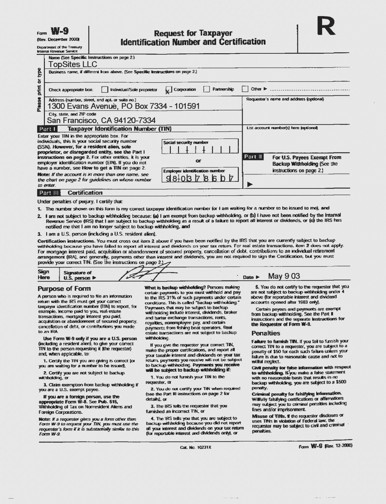 W 9 Form Fillable Printable Irs Template Online 2018 2019-2020 W9 Printable Blank