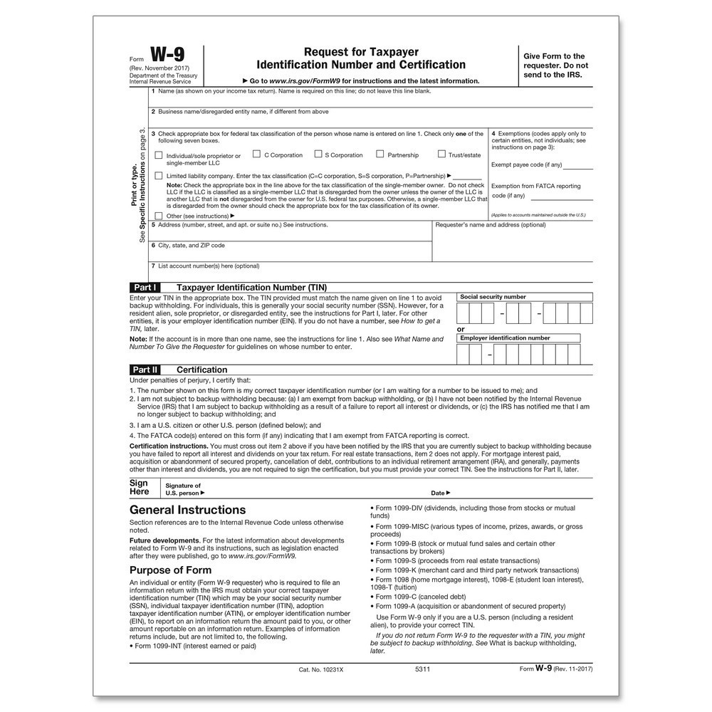 W9 Payer&#039;s Request For Tax Identification Number Cut Sheet (200 Forms/pack)-2020 Form W9 Blank