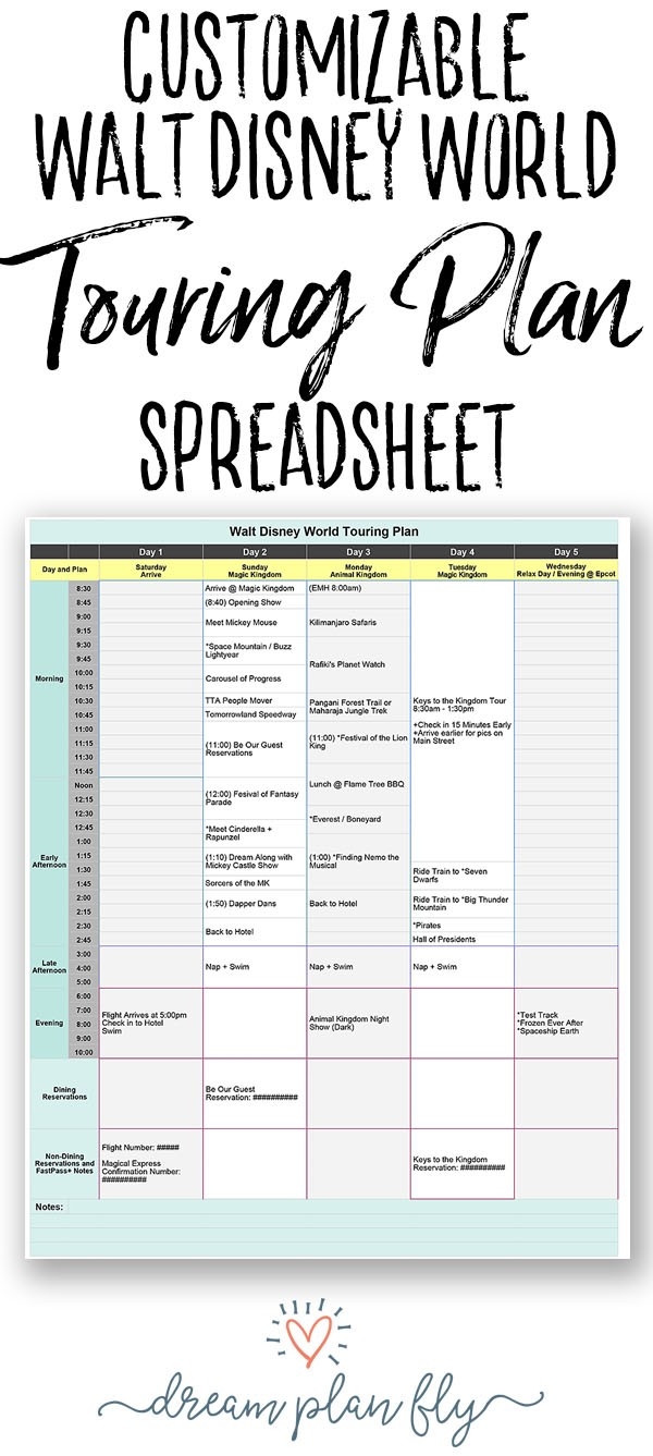 Walt Disney World Touring Plan Spreadsheet - Dream Plan Fly-Custom Disney World Itenerary Template