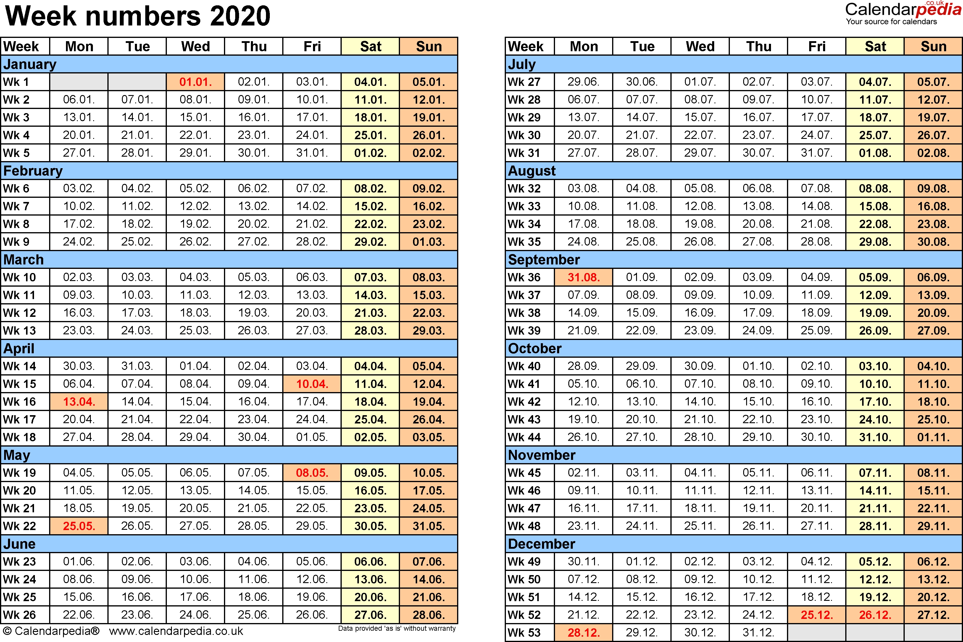 Week Numbers 2020, With Bank Holidays &amp; Excel/pdf/word Templates-Calendar Templates 2020 Week Numbers