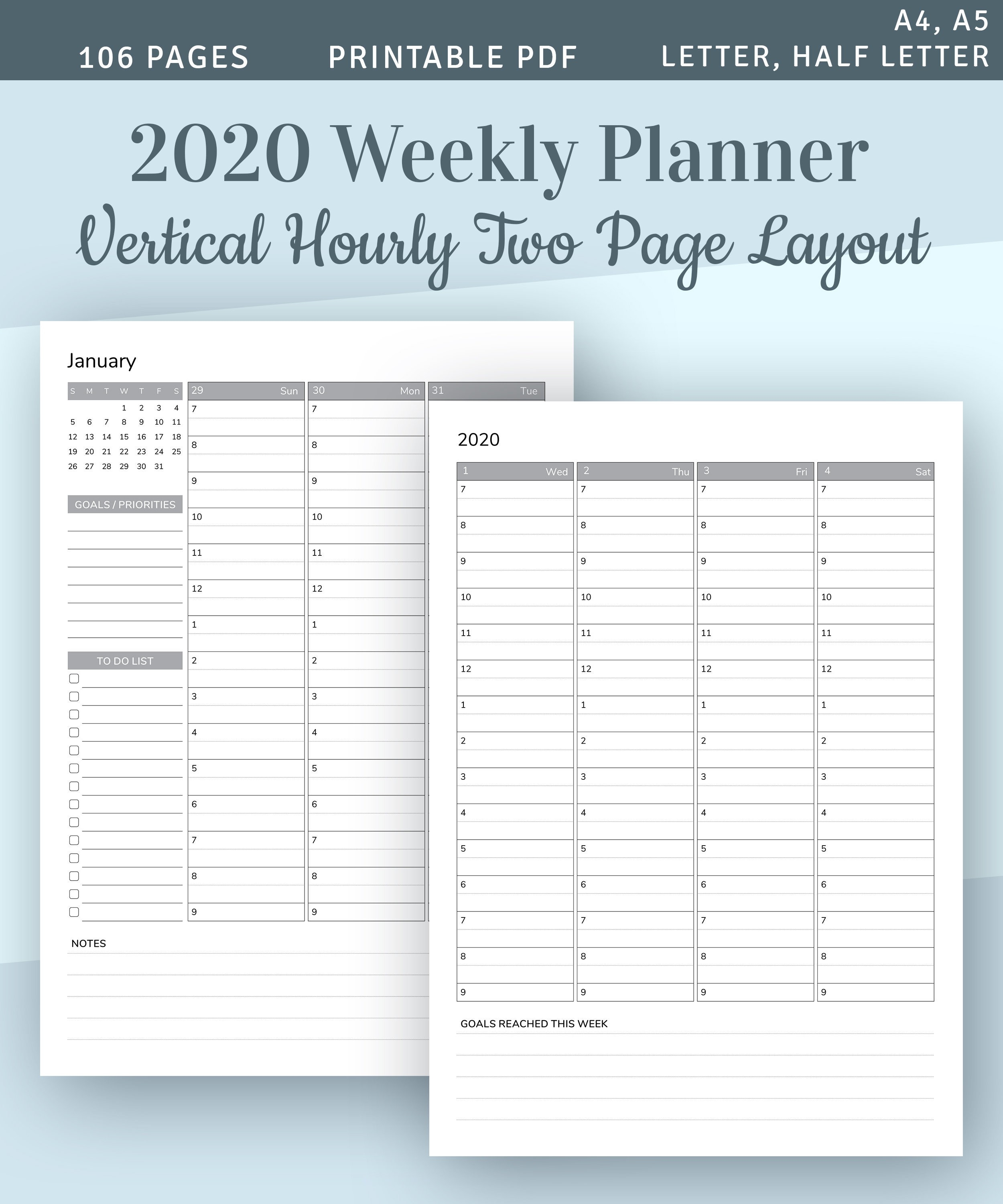 Weekly Planner 2020 With Calendar, Hourly Planner Printable Template,  Hourly Agenda Printable, Schedule Planner, A4 A5 Planner Insert, Pdf-Hourly Calendar Template 2020