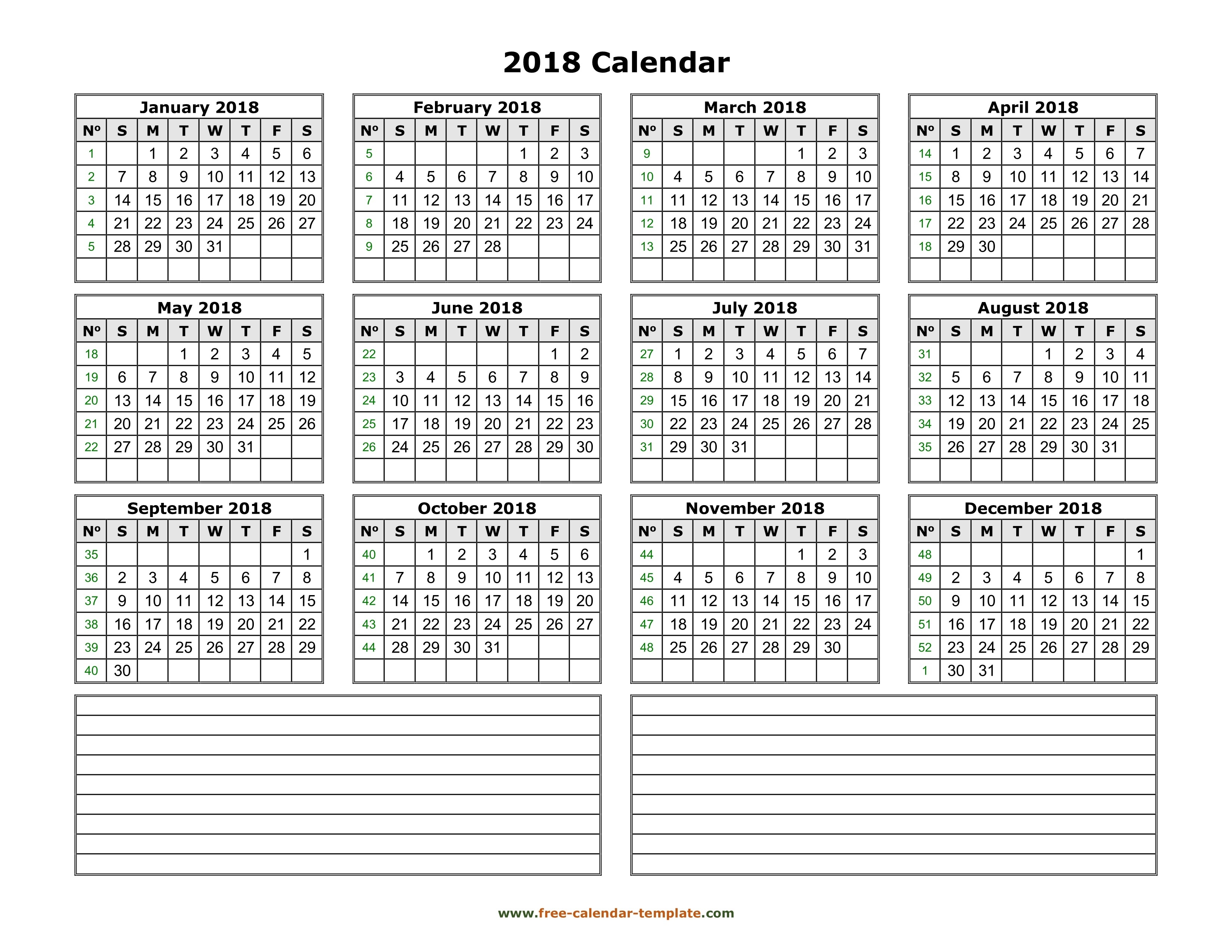 Yearly 2018 Calendar Printable With Space For Notes | Free-Printable Calendar Template With Notes