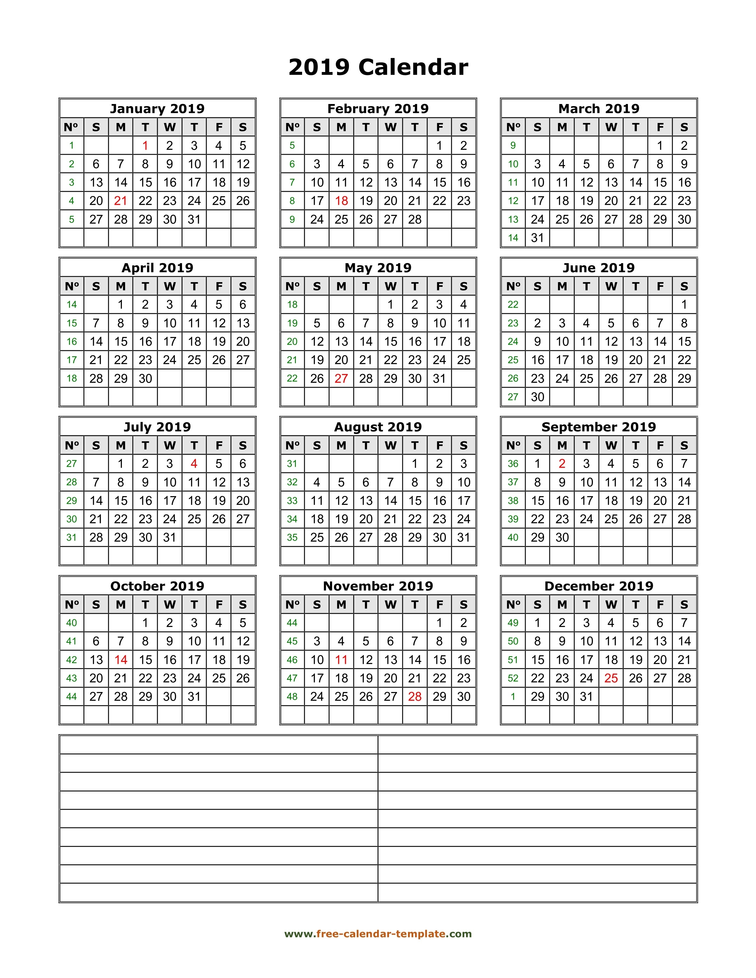 Yearly 2019 Printable Calendar With Space For Notes | Free-Printable Calendar Template With Notes