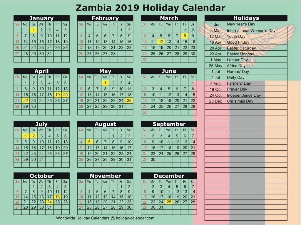 Zambia 2019 / 2020 Holiday Calendar-Sa 2020 Public Holidays