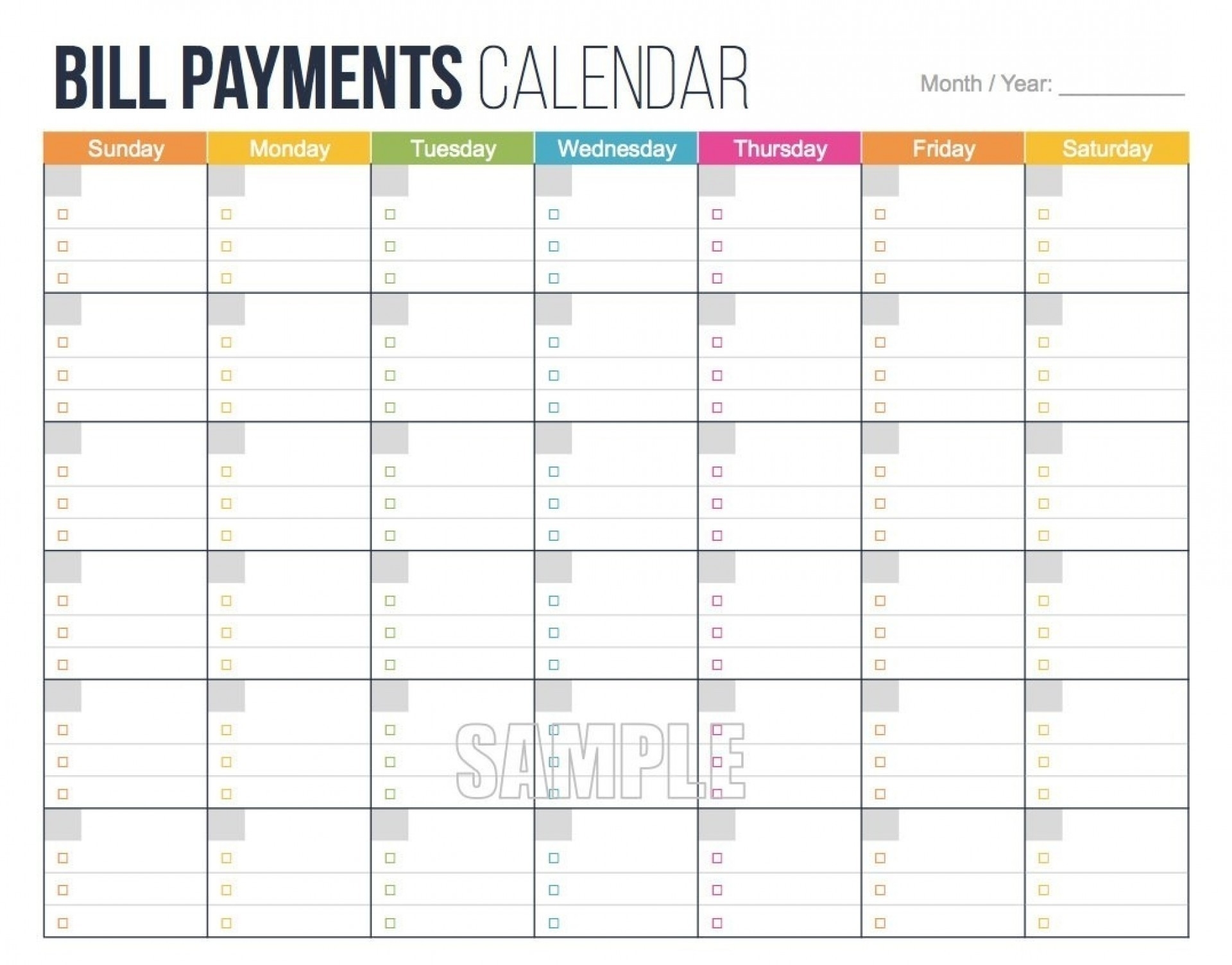 Monthly Bill Calendar Printable