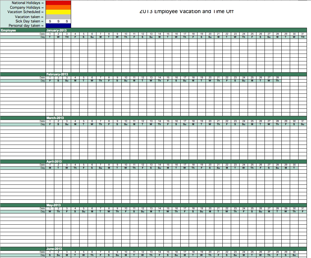 2013 Employee Vacation Tracking Calendar Template-Staff Vacation Calendar Template