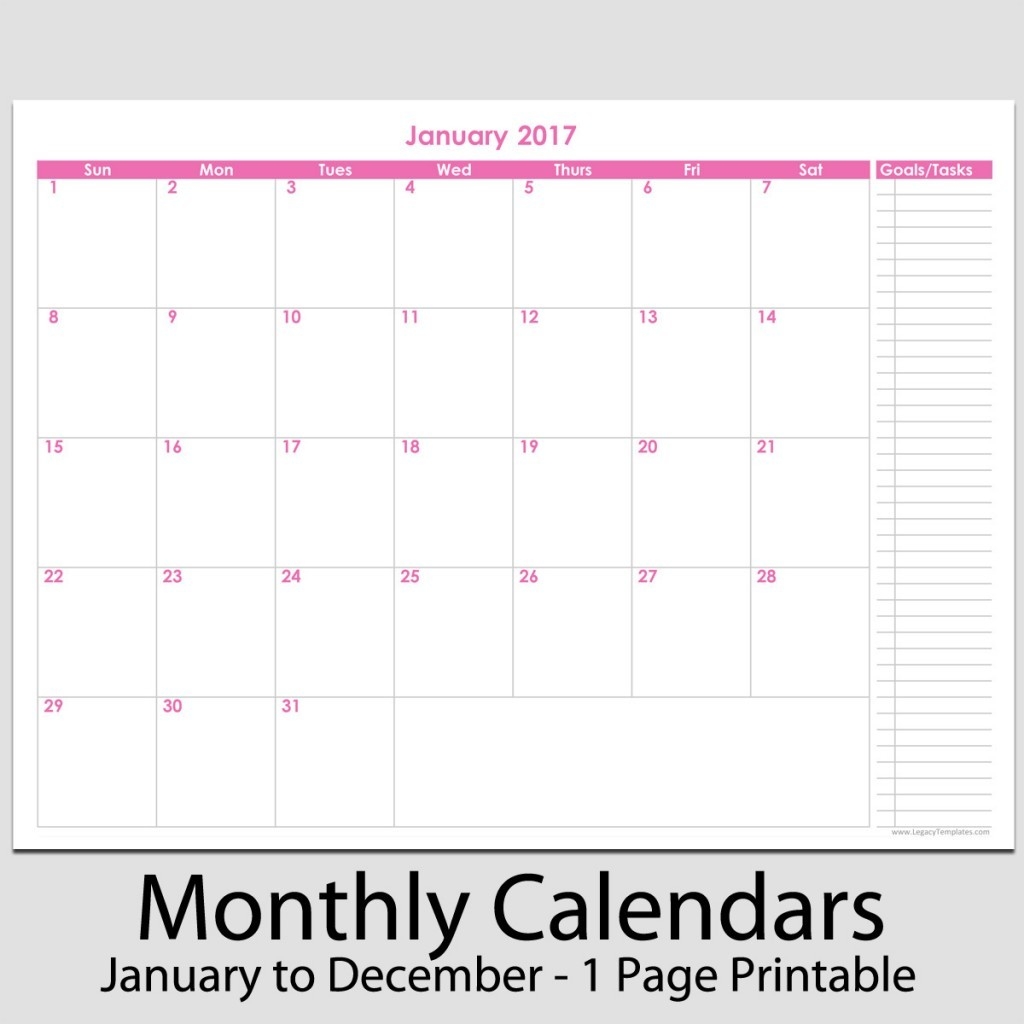 2017 - 12 Month Calendar With Tasks - 8 1/2&quot; X 11&quot; | Legacy-8.5 X 11 Calendar Template