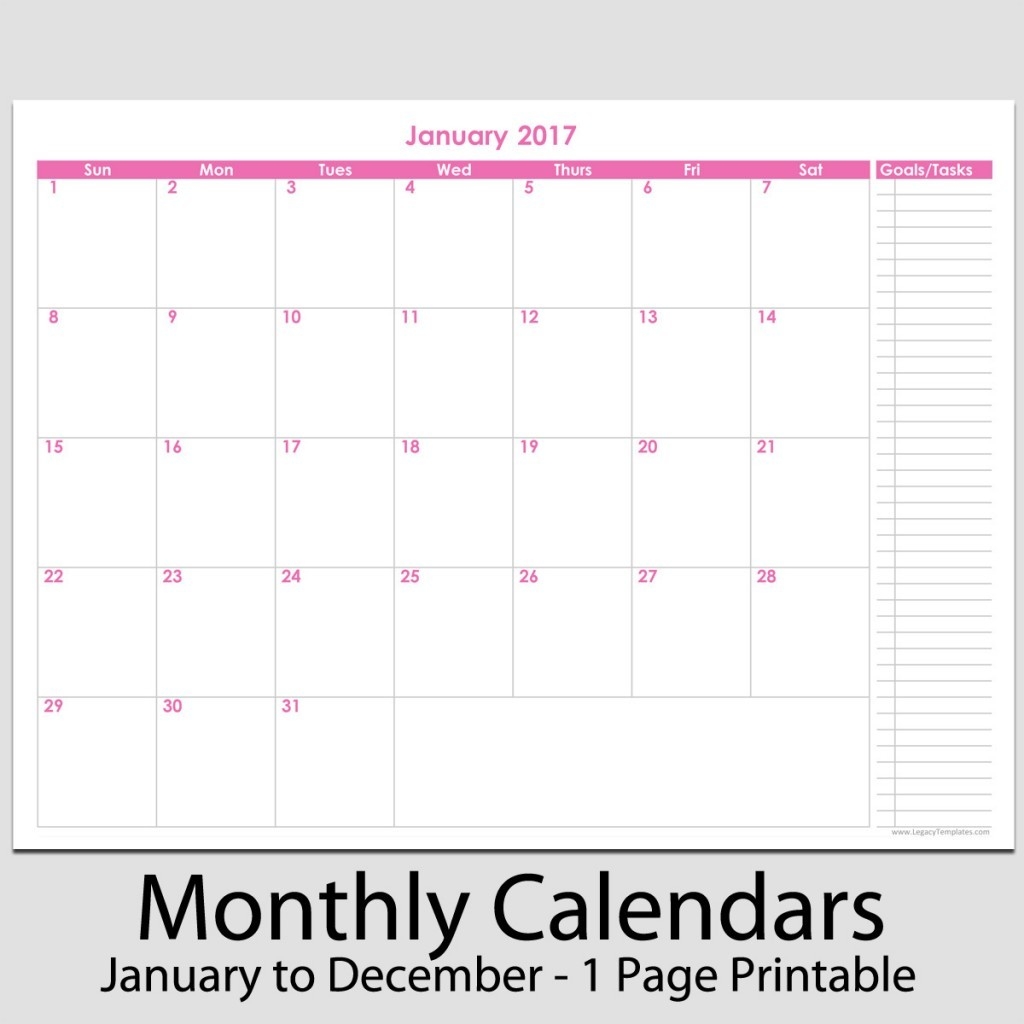 2017 - 12 Month Calendar With Tasks - 8 1/2&quot; X 11&quot; | Legacy-Monthly Goal Calendar Template