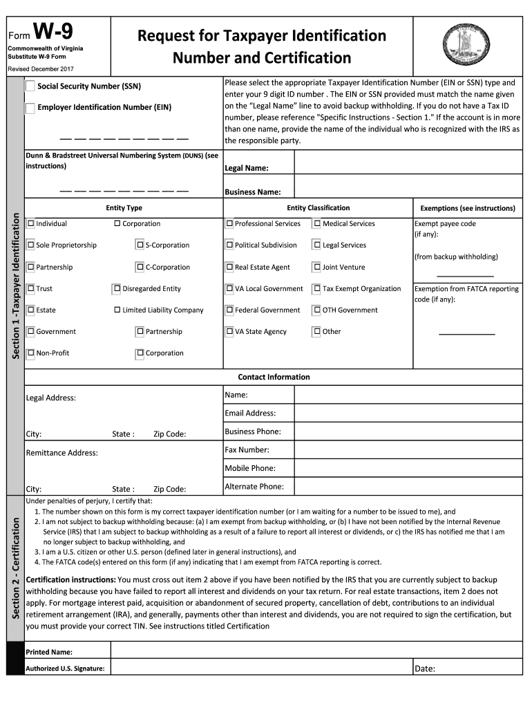 2017-2020 Form Va Substitute W-9 Fill Online, Printable-2020 W 9 Blank Form