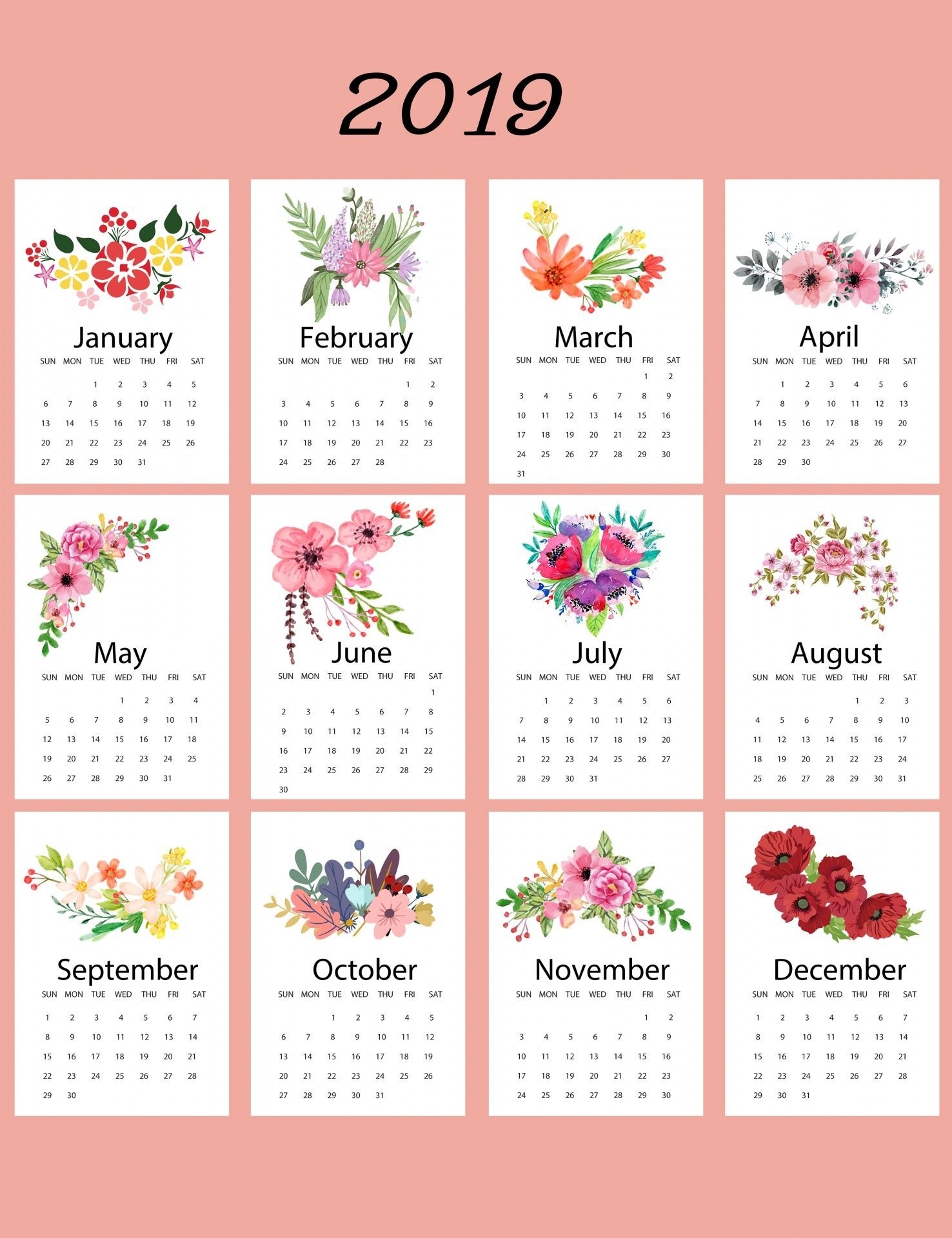 2019 Calendar Floral Template | Calendar 2019 Printable-Template For Calendars With Flowers