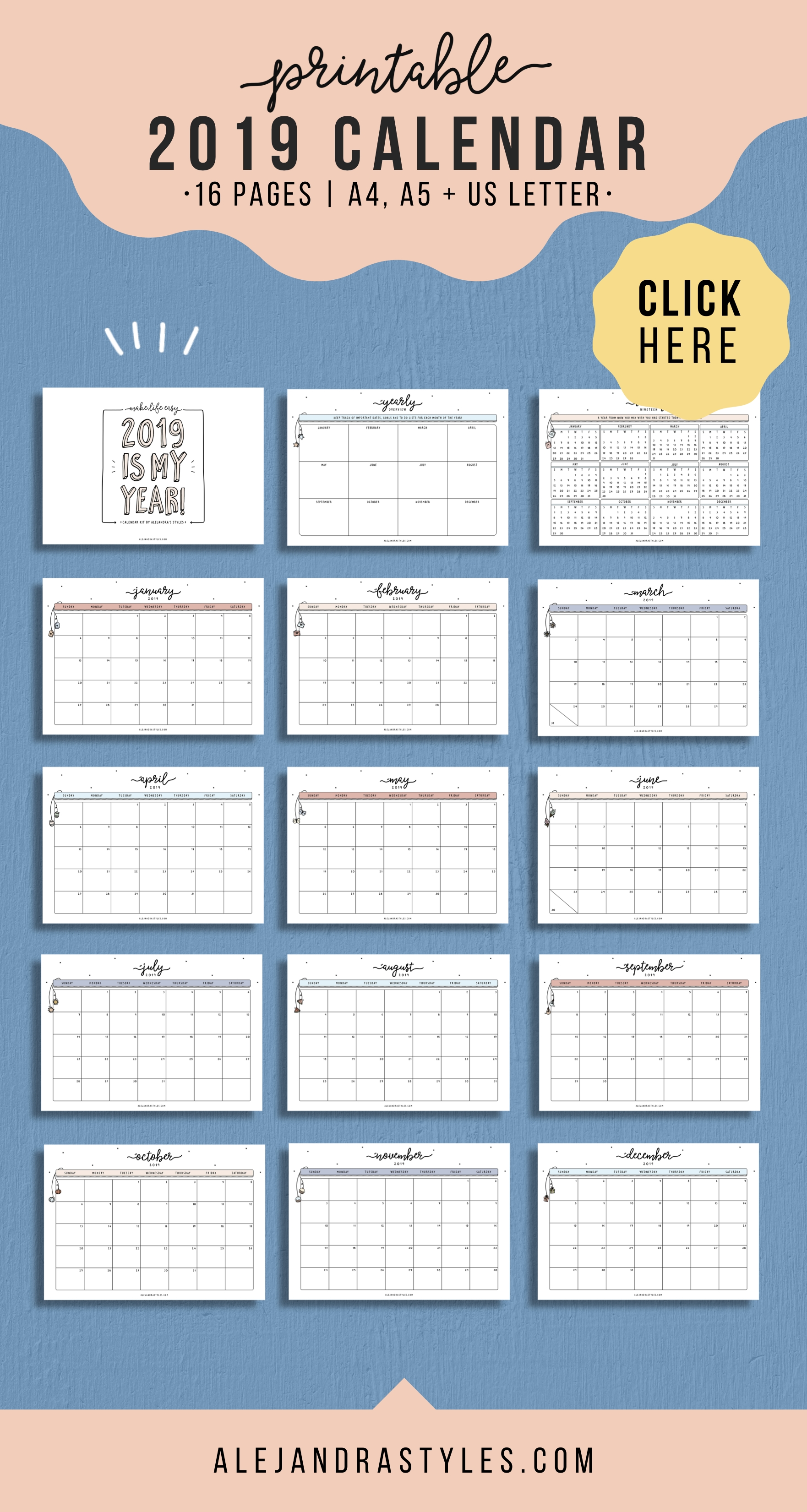 2019 Calendar Printable Planner For Desk Or Wall | Monday-At A Glance Monthly Calendar Printable