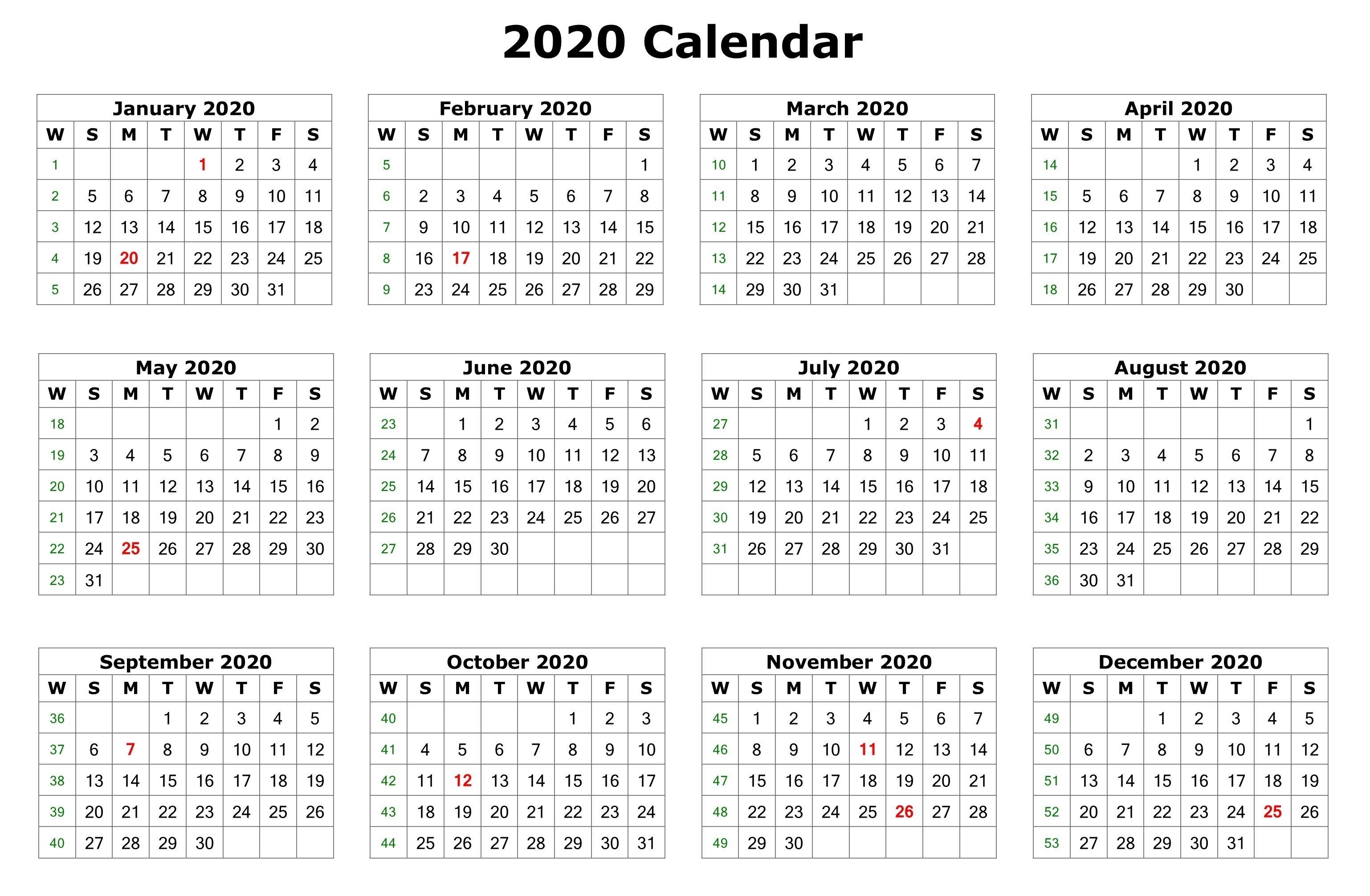 2020 12 Months Calendar Printable | Printable Calendar 2020-4 Month Calendar 2020 Template