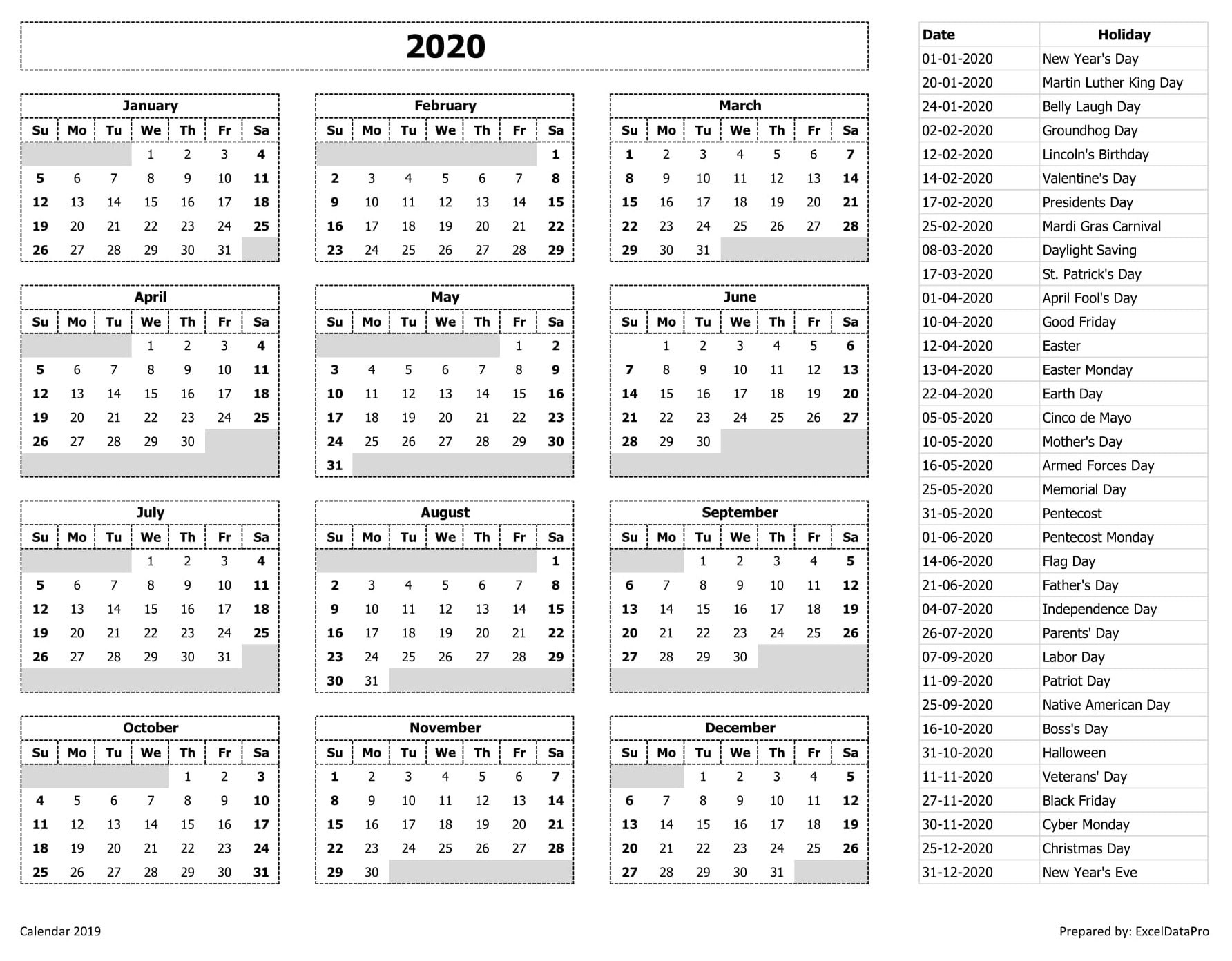 2020 Calendar Excel Templates, Printable Pdfs &amp; Images-2020 Calendar With Holidays In India Pdf
