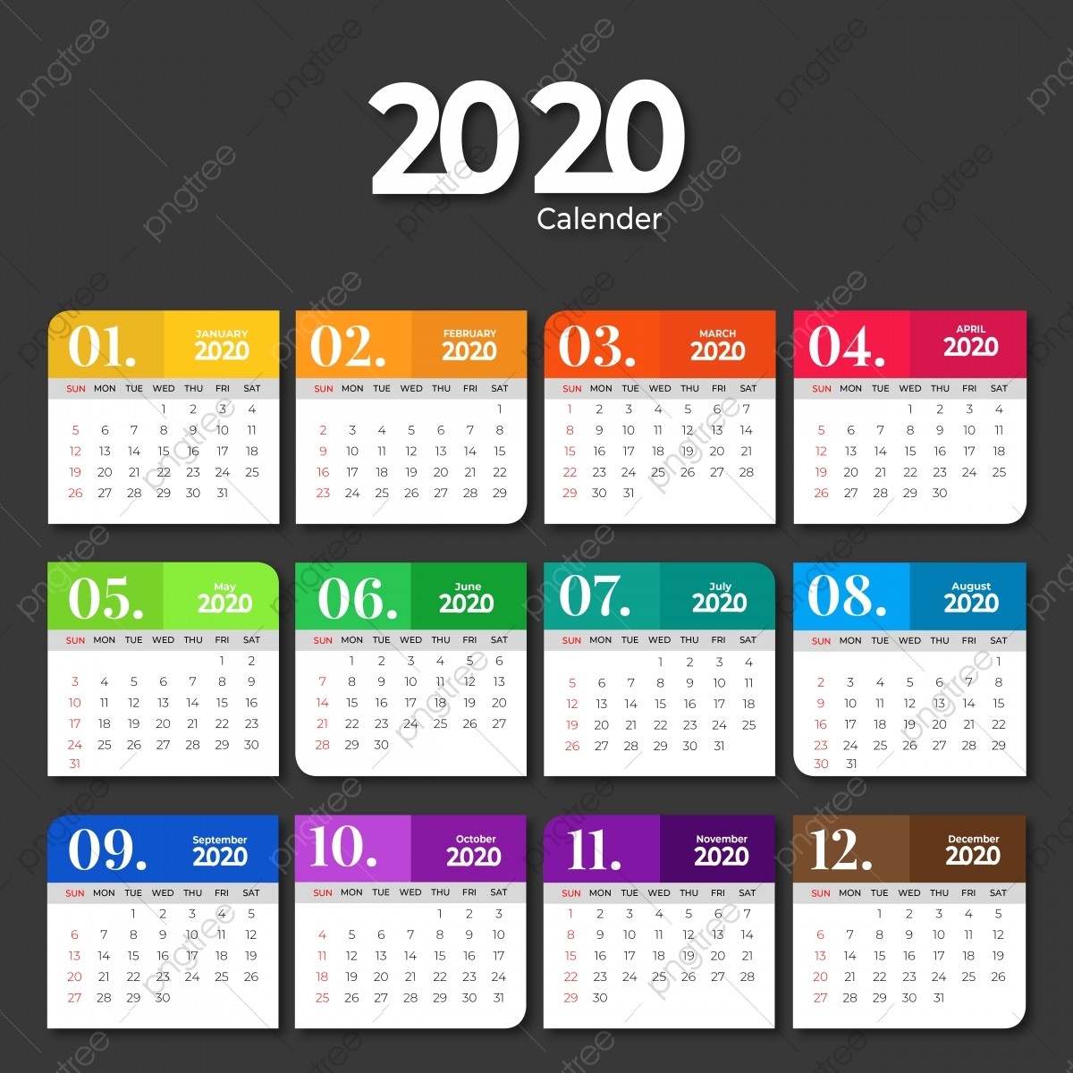 2020 Calendar Template Design With Solid Colors, 2020-2020 Calendar Template For Illustrator