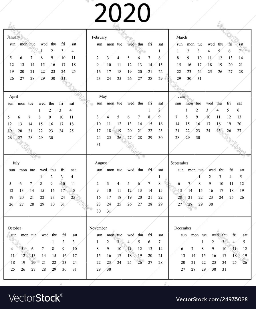 2020 Calendar Template Starts Sunday Year-2020 Calendar Template For Illustrator