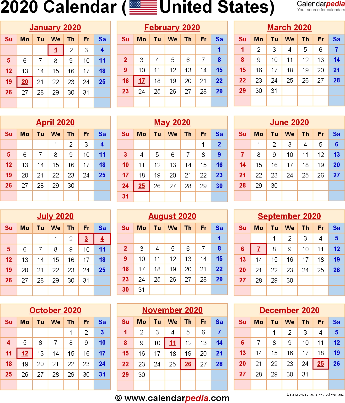 2020 Calendar With Holidays Listed Calendar Template Printable