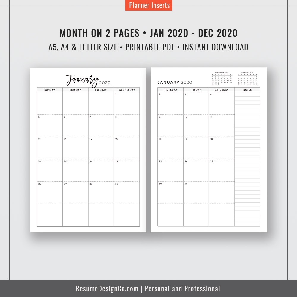 2020 Monthly Planner, 12-Month Calendar, A4, A5, Letter Size, Filofax A5,  Planner Design, Planner Refills, Planner Inserts, Planner Printable,  Instant-2020 2 Page Monthly Calendar Printable Pdf