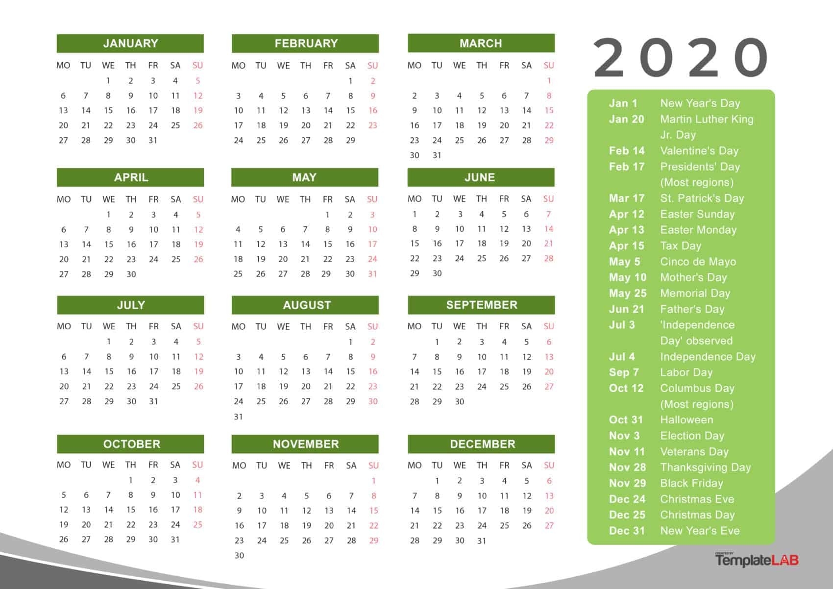 2020 Printable Calendars [Monthly, With Holidays, Yearly] ᐅ-2020 Calendar With Holidays Listed