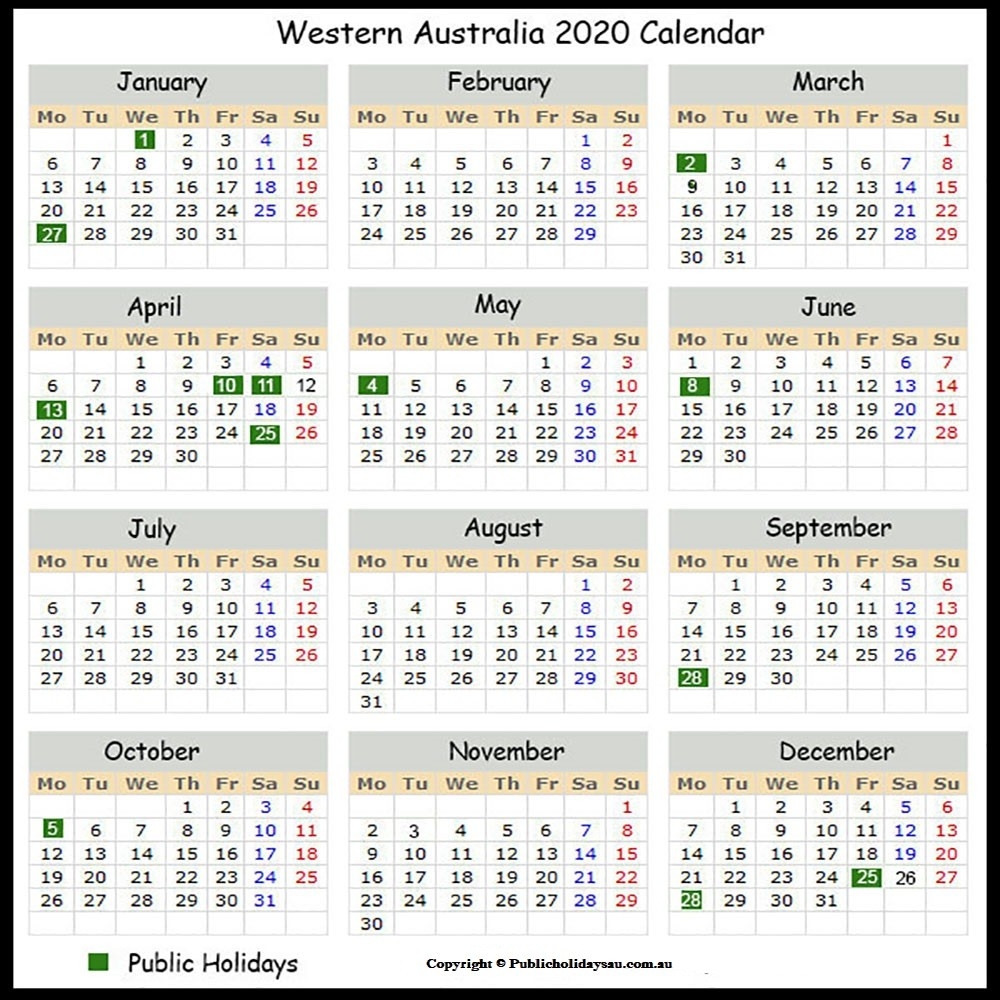 2020 Public Holidays Wa-S A Public Holidays 2020