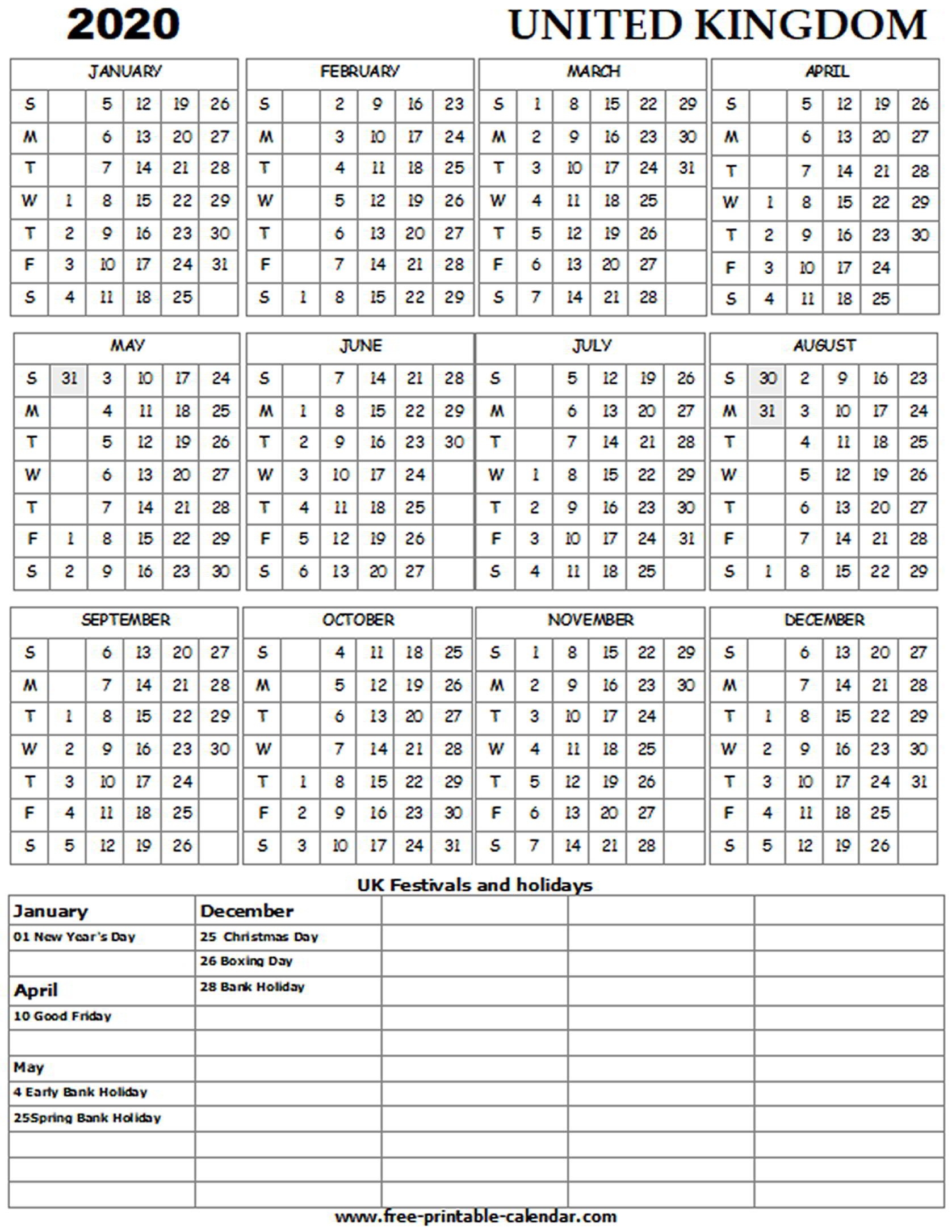 2020 Calendar Showing Bank Holidays