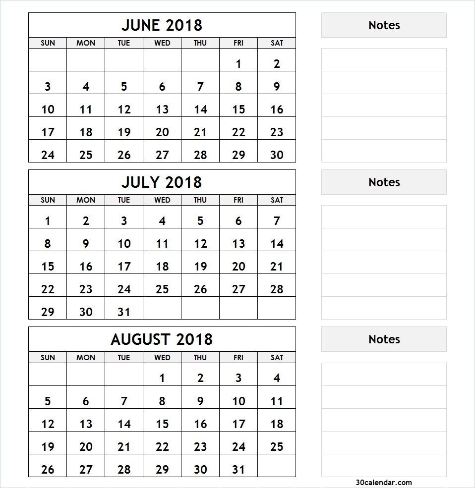 3 Month Calendar June July August 2018 | Calendar June, July-3 Month Blank Calendars