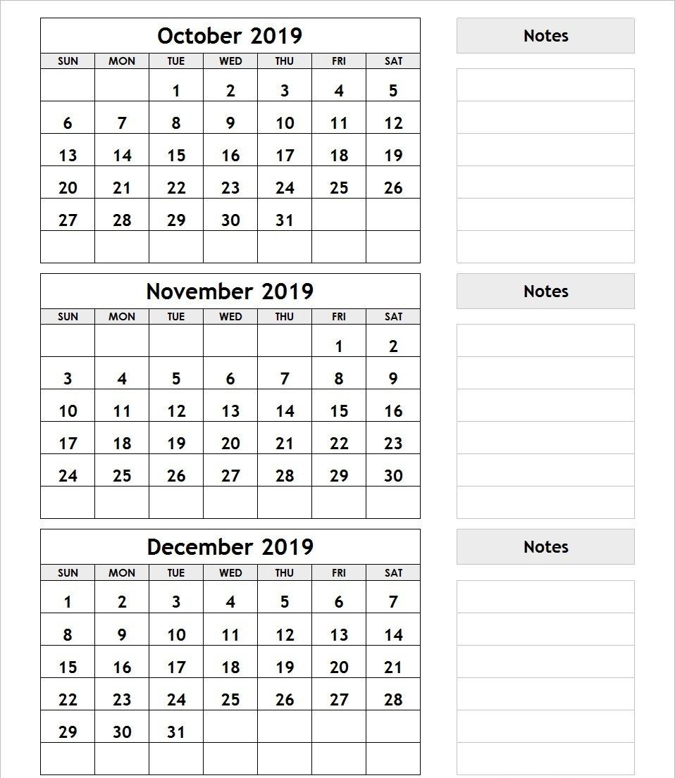 3 Month Calendar October November December 2019 | December-3 Month Blank Calendars
