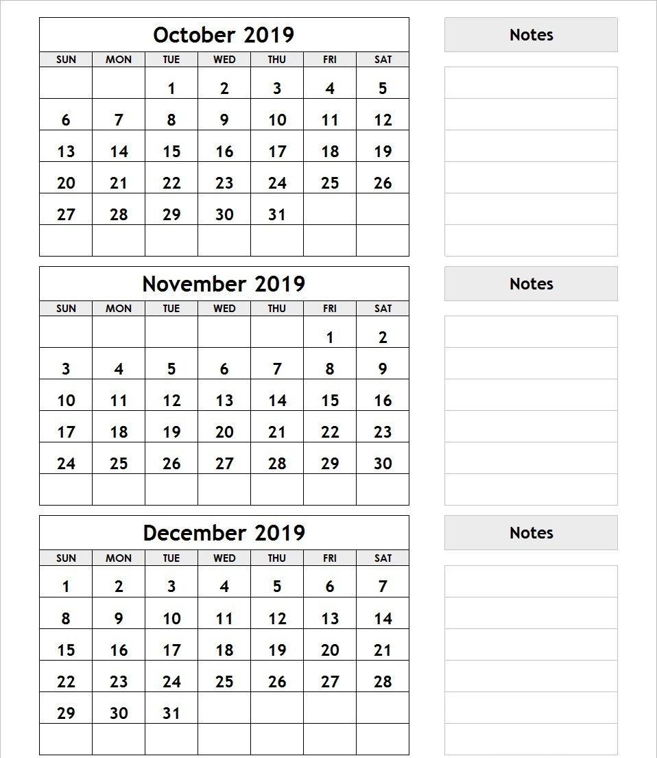 3 Month Calendar October November December 2019 | December-Blank Calendar Printable Three Months Togather