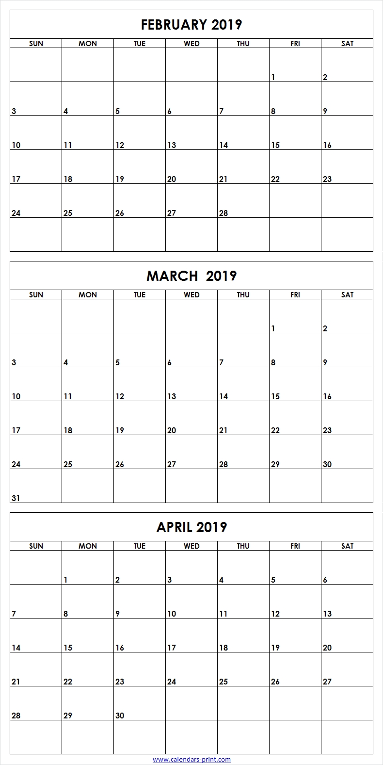 3 Month February To April 2019 Calendar Template | 3 Month-3 Month Blank Calendars