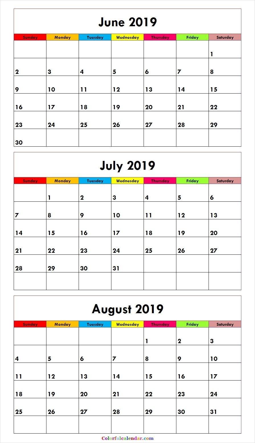 3 Month June July August 2019 Calendar Green | August-June July August Templates