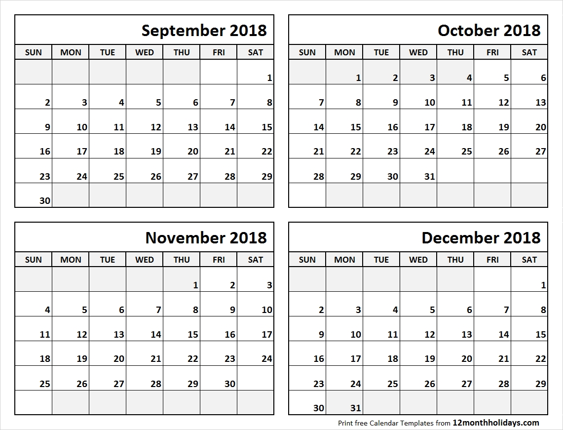 4 Month Calendar September To December 2018 | Blank Calendar-4 Month Blank Calendar Printable